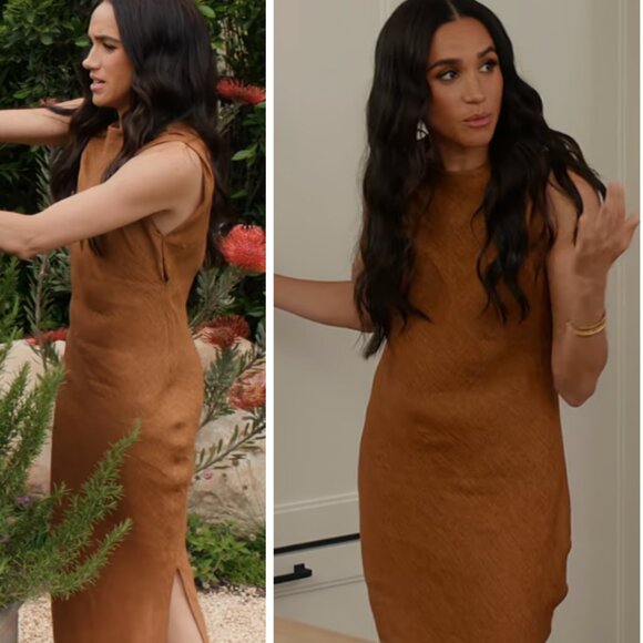 ZARA  WOMAN SS24 PLEATED 100% LINEN DRESS ZW COLLECTION COGNAC - Picture 6 of 6